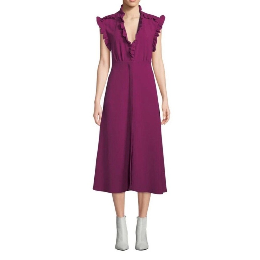 IRO Paris Purple Hurray Ruffle  V-Neck Midi Dress 34 French Designer